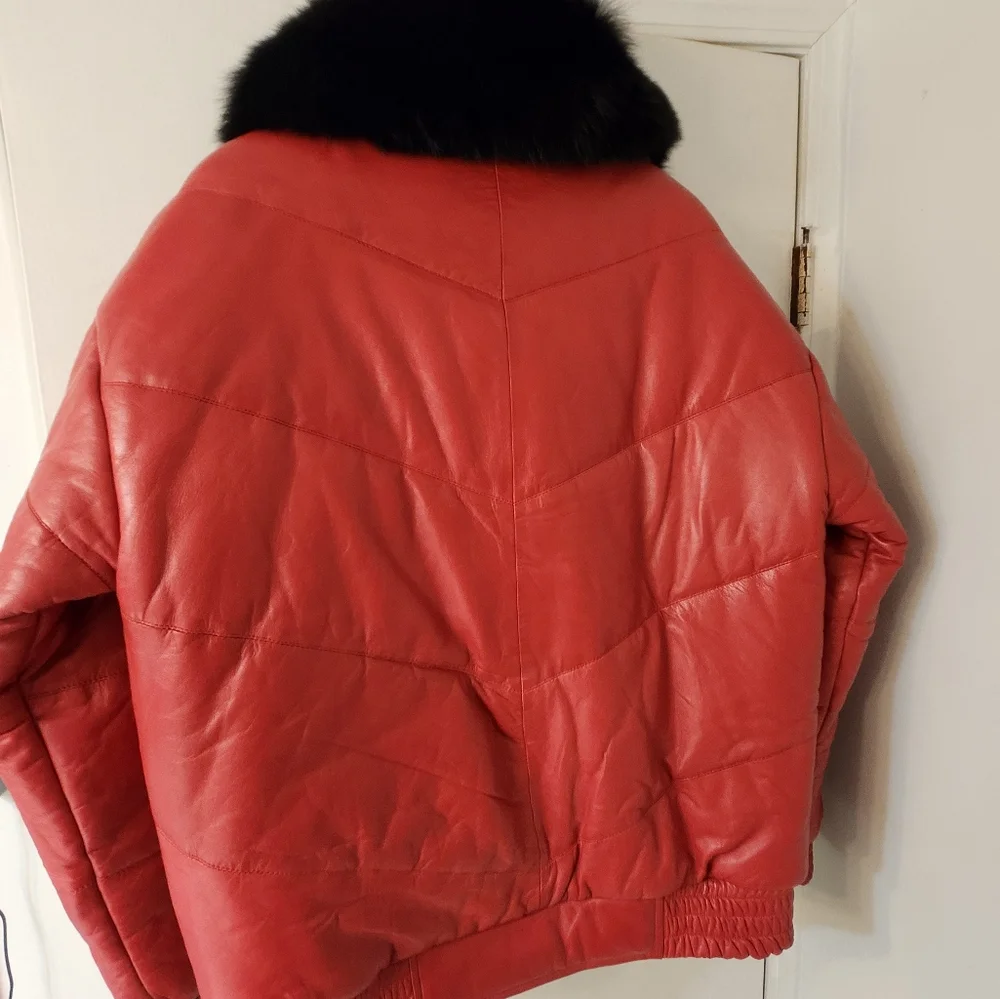 Luxury Mens Red Lamb Leather parka with black fox collar - Picture 3 of 4